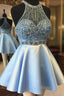 Blue Satin Short Homecoming Dresses with Beading and Crystals