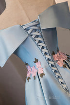 Blue Satin Short Party Dresses With Flowers, Blue Knee Length Homecoming Dresses