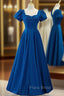Blue Satin Short Sleeve Pleats Formal Prom Dresses
