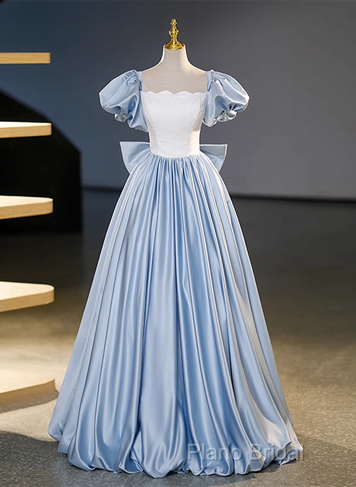 Blue Satin Short Sleeves Long Formal Dresses, Blue Satin Sweet 16 Dresses