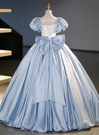 Blue Satin Short Sleeves Long Formal Dresses, Blue Satin Sweet 16 Dresses
