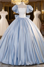 Blue Satin Short Sleeves Long Formal Dresses, Blue Satin Sweet 16 Dresses