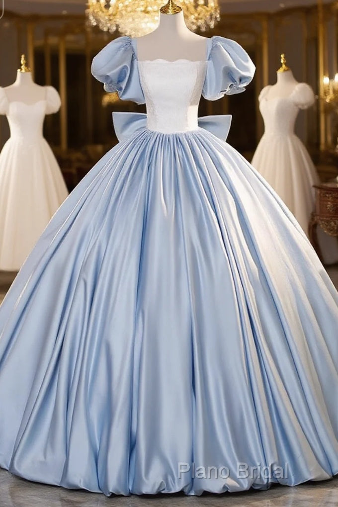 Blue Satin Short Sleeves Long Formal Dresses, Blue Satin Sweet 16 Dresses