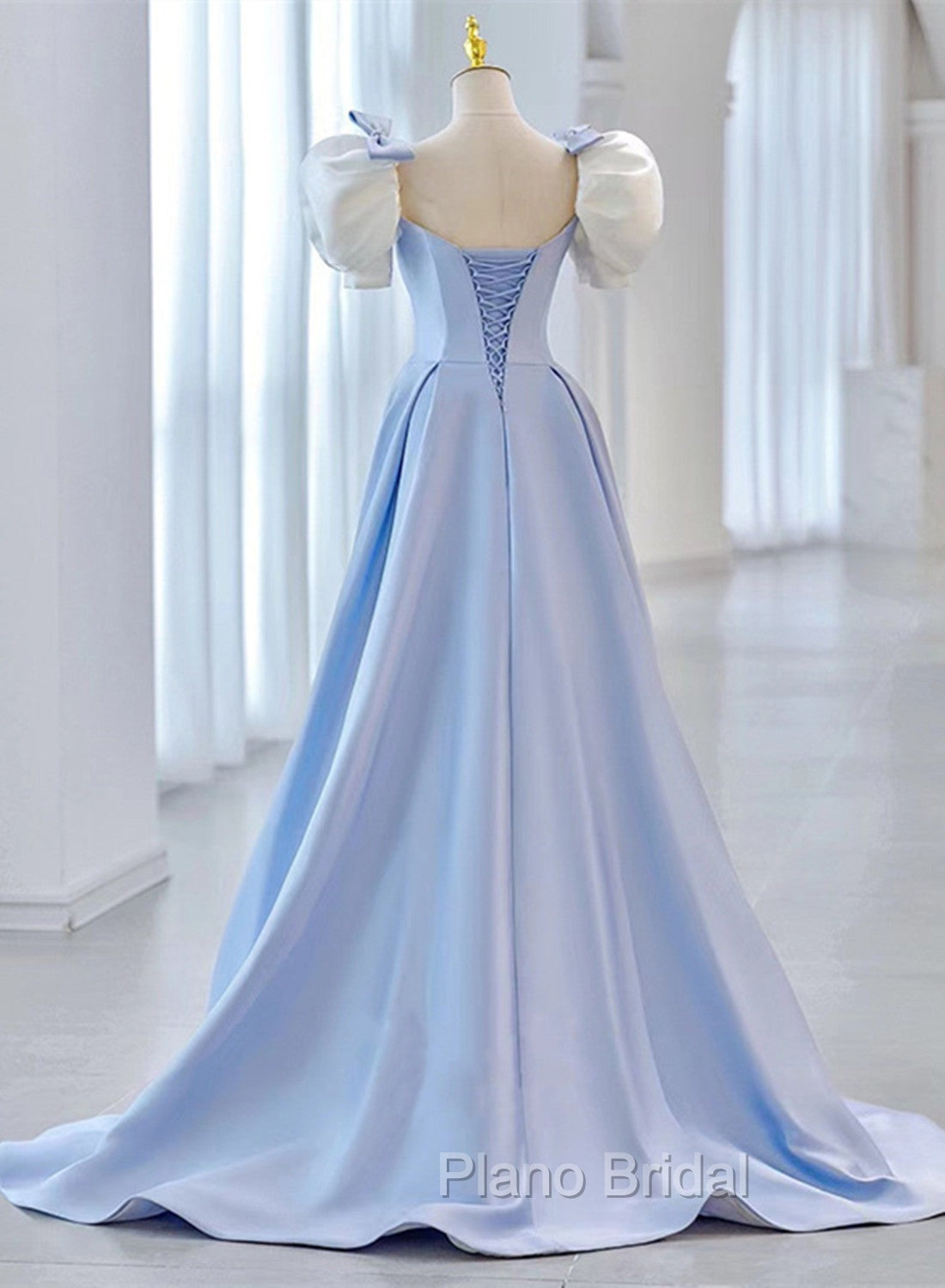 Blue Satin Short Sleeves with Bow Lace-up Party Dresses, Blue Formal Prom Dresses