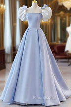 Blue Satin Short Sleeves with Bow Lace-up Party Dresses, Blue Formal Prom Dresses