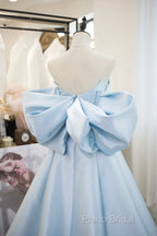 Blue Satin Spaghetti Strap Long Formal Prom Dresses With Big Bow, Blue A-Line Formal Party Dresses
