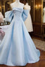 Blue Satin Spaghetti Strap Long Formal Prom Dresses With Big Bow, Blue A-Line Formal Party Dresses