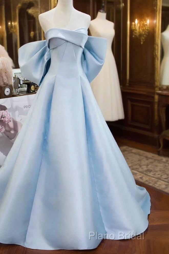 Blue Satin Spaghetti Strap Long Formal Prom Dresses With Big Bow, Blue A-Line Formal Party Dresses Main image