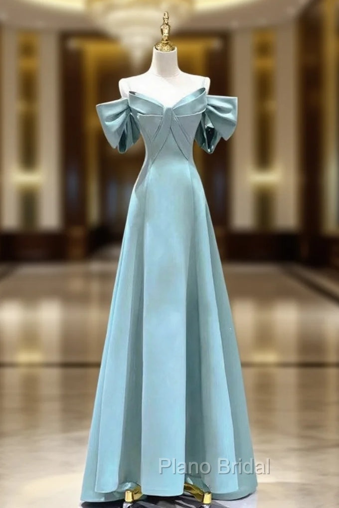 Blue Satin Spaghetti Straps Bow Formal Prom Dresses Main image