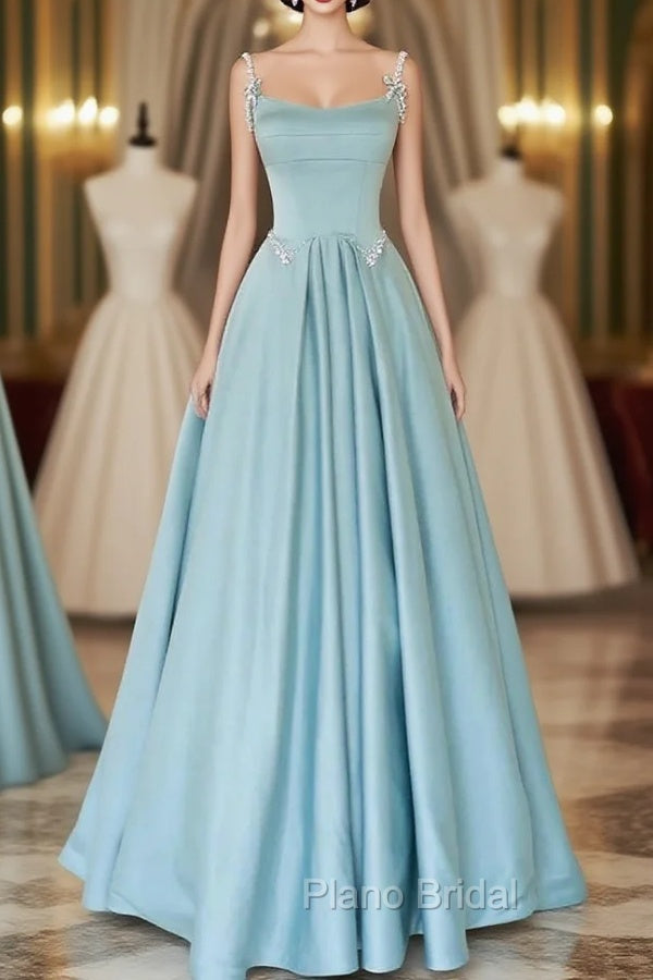 Blue Satin Spaghetti Straps Pearls Formal Prom Dresses