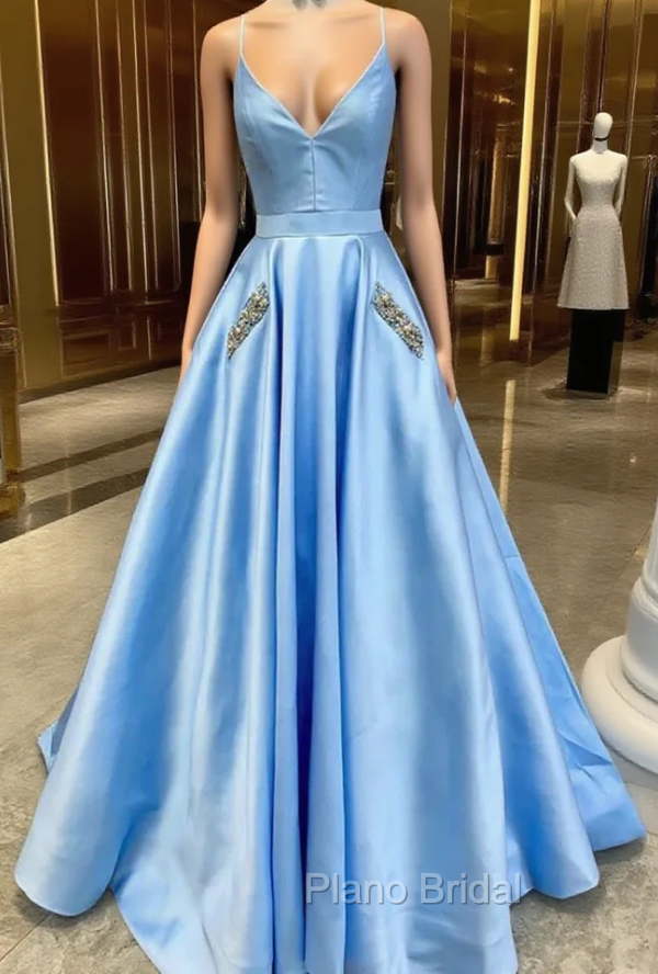 Blue Satin Spaghetti Straps Pocket Beading Formal Prom Dresses