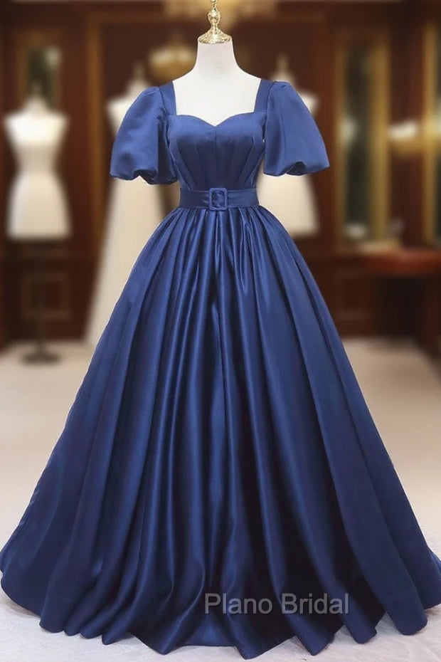 Blue Satin Square Neck Puff Sleeve Pleats Formal Prom Dresses