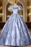 Blue Satin Square Puff Sleeve Beading Quinceanera Dresses