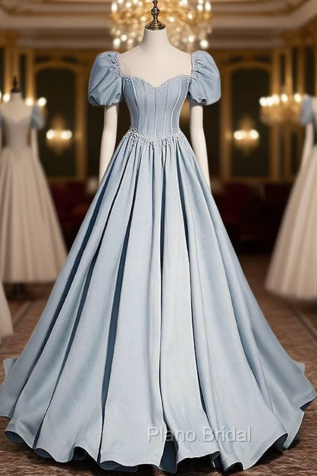 Blue Satin Square Puff Sleeve Pearls Formal Prom Dresses Main image