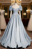 Blue Satin Square Puff Sleeve Pearls Formal Prom Dresses