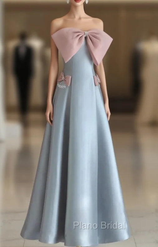 Blue Satin Straples Pink Bow Formal Prom Dresses