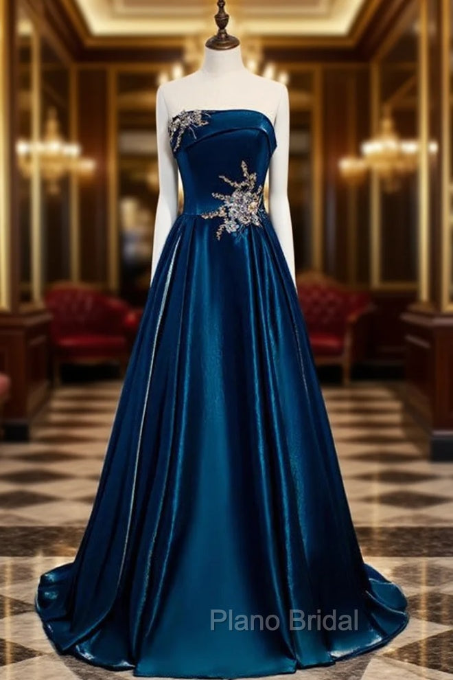 Blue Satin Strapless Beading Appliques Formal Prom Dresses