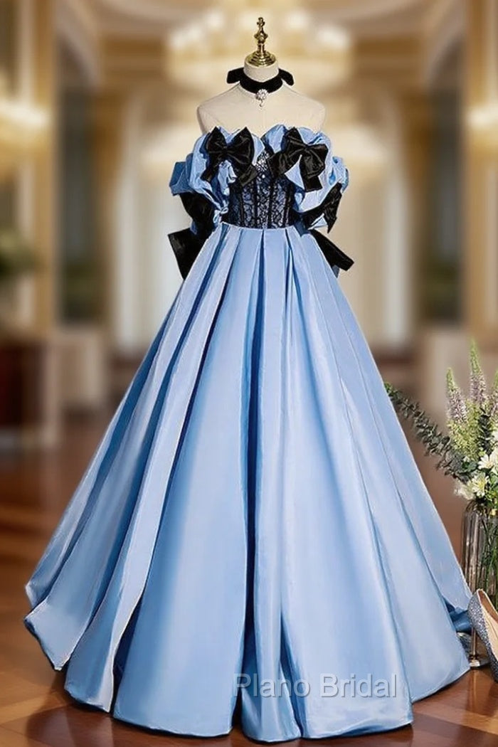 Blue Satin Strapless Bow Formal Prom Dresses