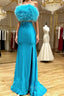 Blue Satin Strapless Feather Split Formal Prom Dresses