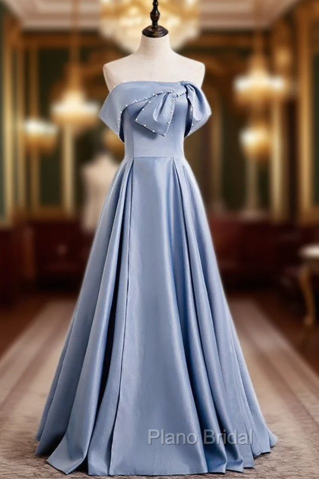 Blue Satin Strapless Pearls Long Formal Prom Dresses