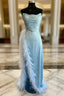 Blue Satin Strapless Pleats Feather Formal Prom Dresses