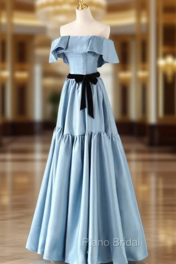 Blue Satin Strapless Formal Prom Dresses With Belt Main image