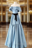 Blue Satin Strapless Formal Prom Dresses With Belt