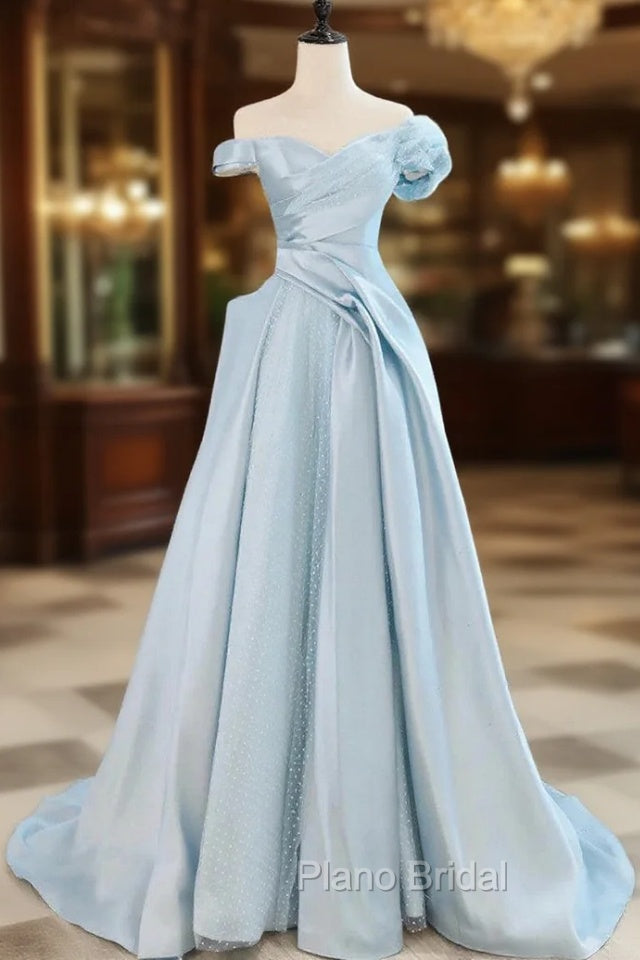 Blue Satin Tulle Off the Shoulder Formal Prom Dresses