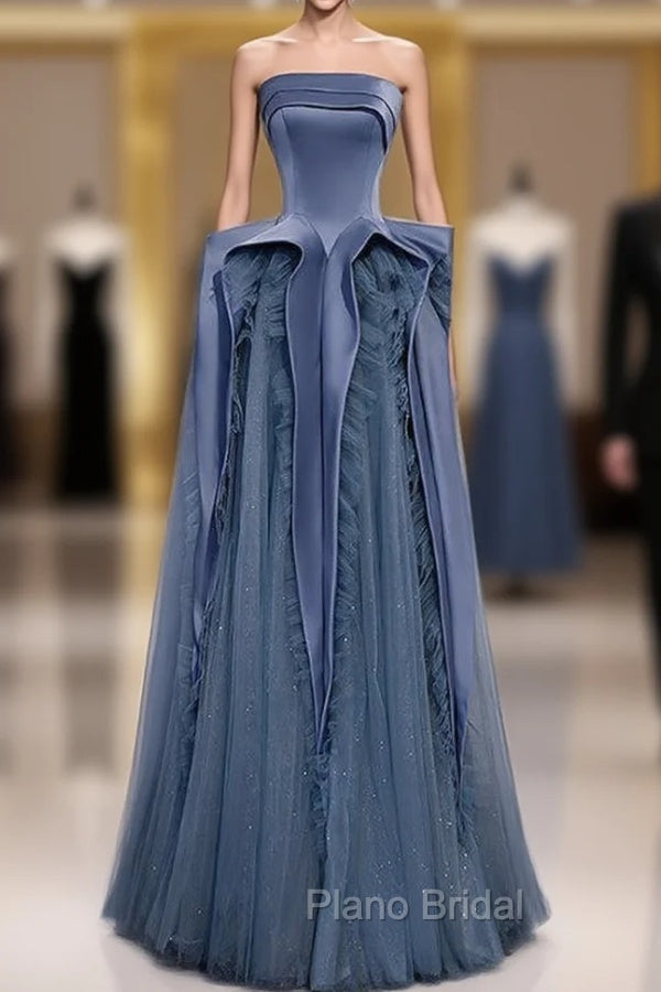 Blue Satin Tulle Sequins Strapless Formal Prom Dresses