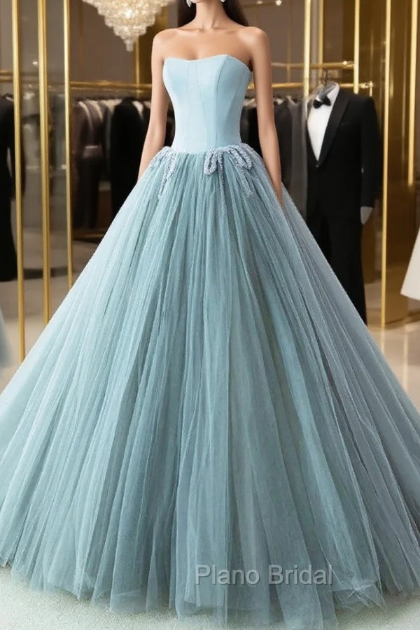 Blue Satin Tulle Strapless Beading Formal Prom Dresses Main image