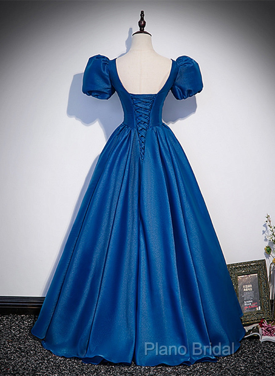 Blue Satin V-Neckline Short Sleeves Long Formal Dresses, Blue Satin Formal Prom Dresses Secondary image