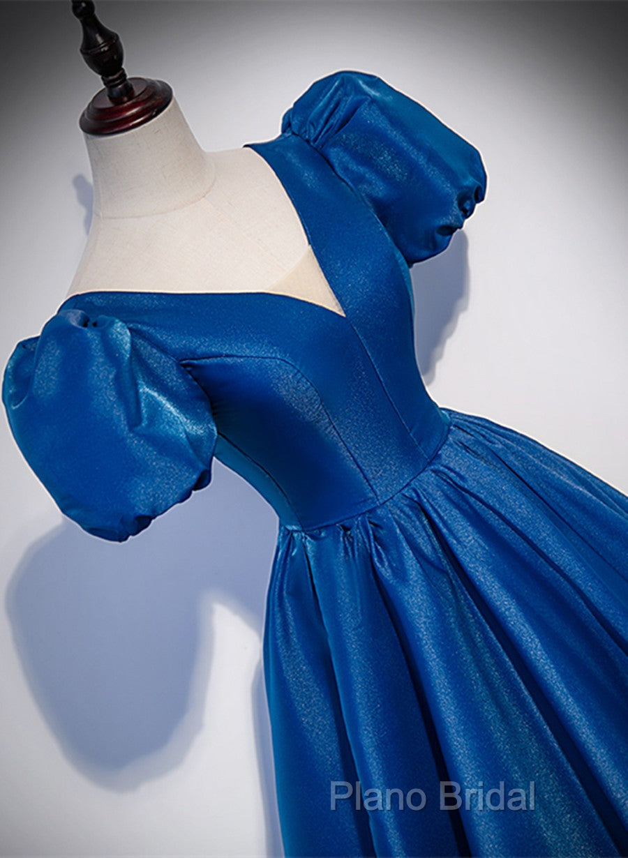 Blue Satin V-Neckline Short Sleeves Long Formal Dresses, Blue Satin Formal Prom Dresses