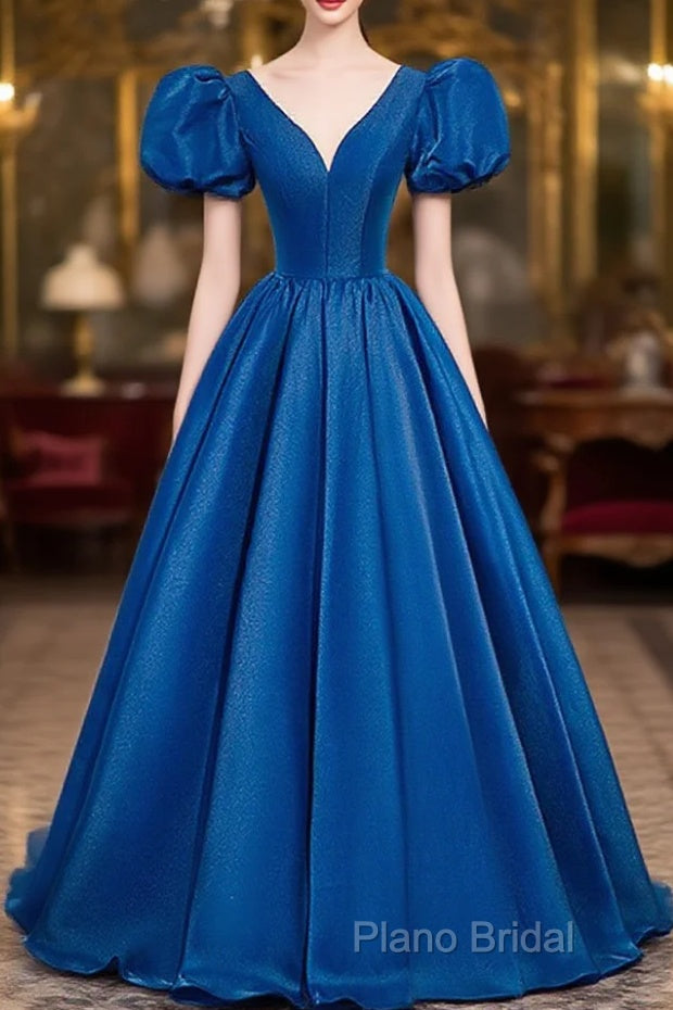 Blue Satin V-Neckline Short Sleeves Long Formal Dresses, Blue Satin Formal Prom Dresses
