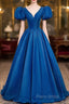 Blue Satin V-Neckline Short Sleeves Long Formal Dresses, Blue Satin Formal Prom Dresses