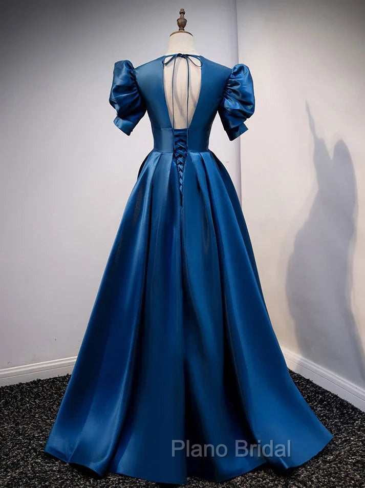 Blue Satin V-neckline Short Sleeves Party Dresses Blue A-line Evening Dresses Formal Prom Dresses shops