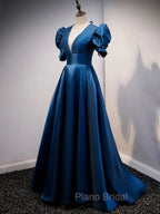 Blue Satin V-neckline Short Sleeves Party Dresses Blue A-line Evening Dresses Formal Prom Dresses shops