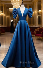 Blue Satin V-neckline Short Sleeves Party Dresses Blue A-line Evening Dresses Formal Prom Dresses shops