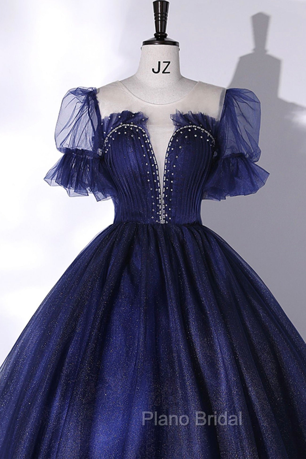 Blue Scoop Neckline Tulle Long Formal Prom Dresses, A-Line Short Sleeve Evening Gown Secondary image