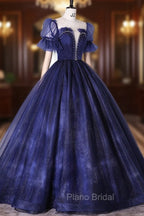 Blue Scoop Neckline Tulle Long Formal Prom Dresses, A-Line Short Sleeve Evening Gown