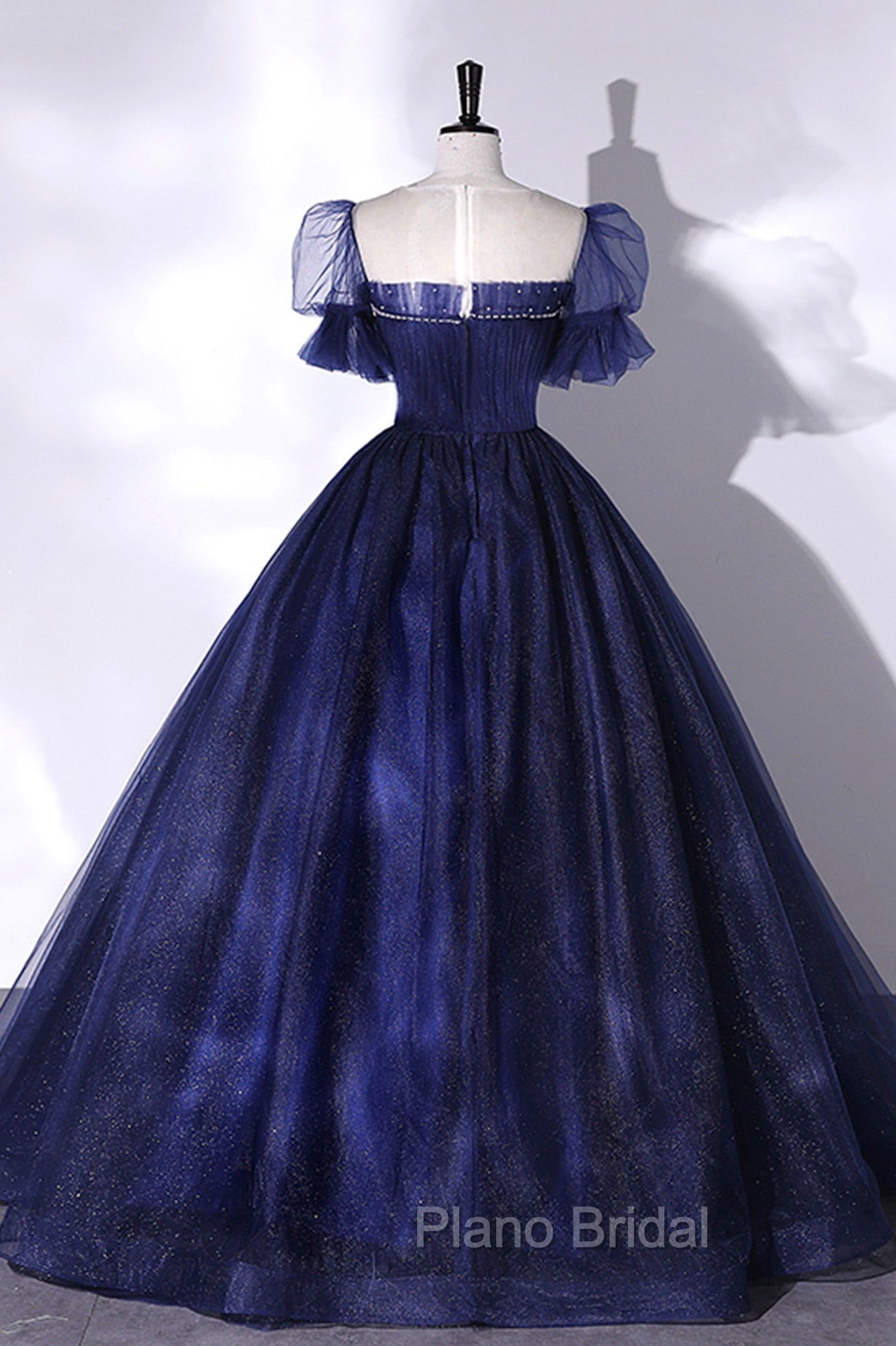 Blue Scoop Neckline Tulle Long Formal Prom Dresses, A-Line Short Sleeve Evening Gown
