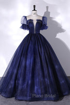 Blue Scoop Neckline Tulle Long Formal Prom Dresses, A-Line Short Sleeve Evening Gown