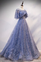 Blue Scoop Neckline Tulle Long Formal Prom Dresses, Shiny A-Line Formal Evening Dresses