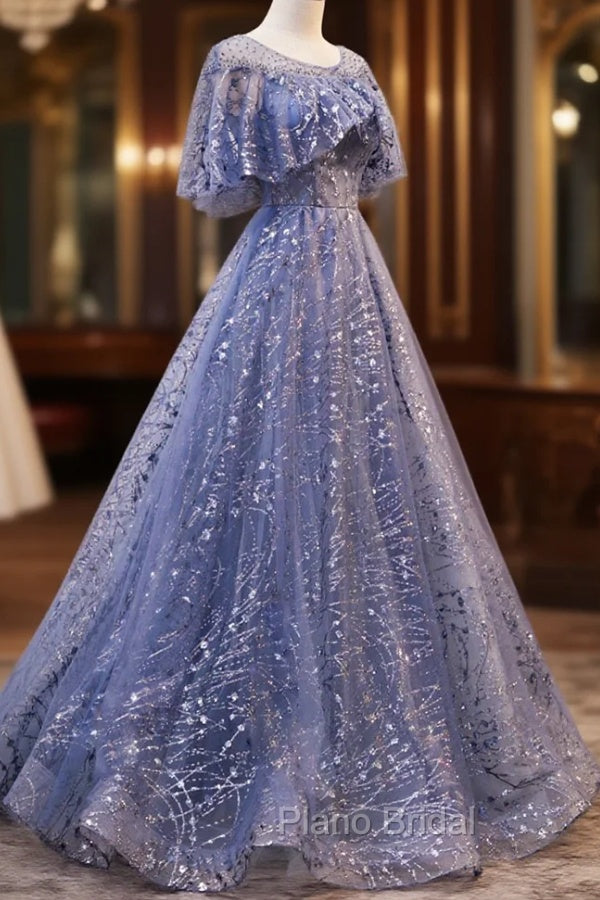 Blue Scoop Neckline Tulle Long Formal Prom Dresses, Shiny A-Line Formal Evening Dresses