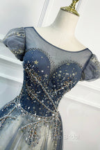 Blue Scoop Neckline Tulle Long Formal Prom Dresses with Beaded, A-Line Evening Party Dresses