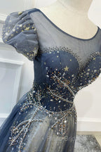 Blue Scoop Neckline Tulle Long Formal Prom Dresses with Beaded, A-Line Evening Party Dresses