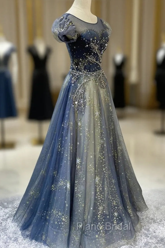 Blue Scoop Neckline Tulle Long Formal Prom Dresses with Beaded, A-Line Evening Party Dresses