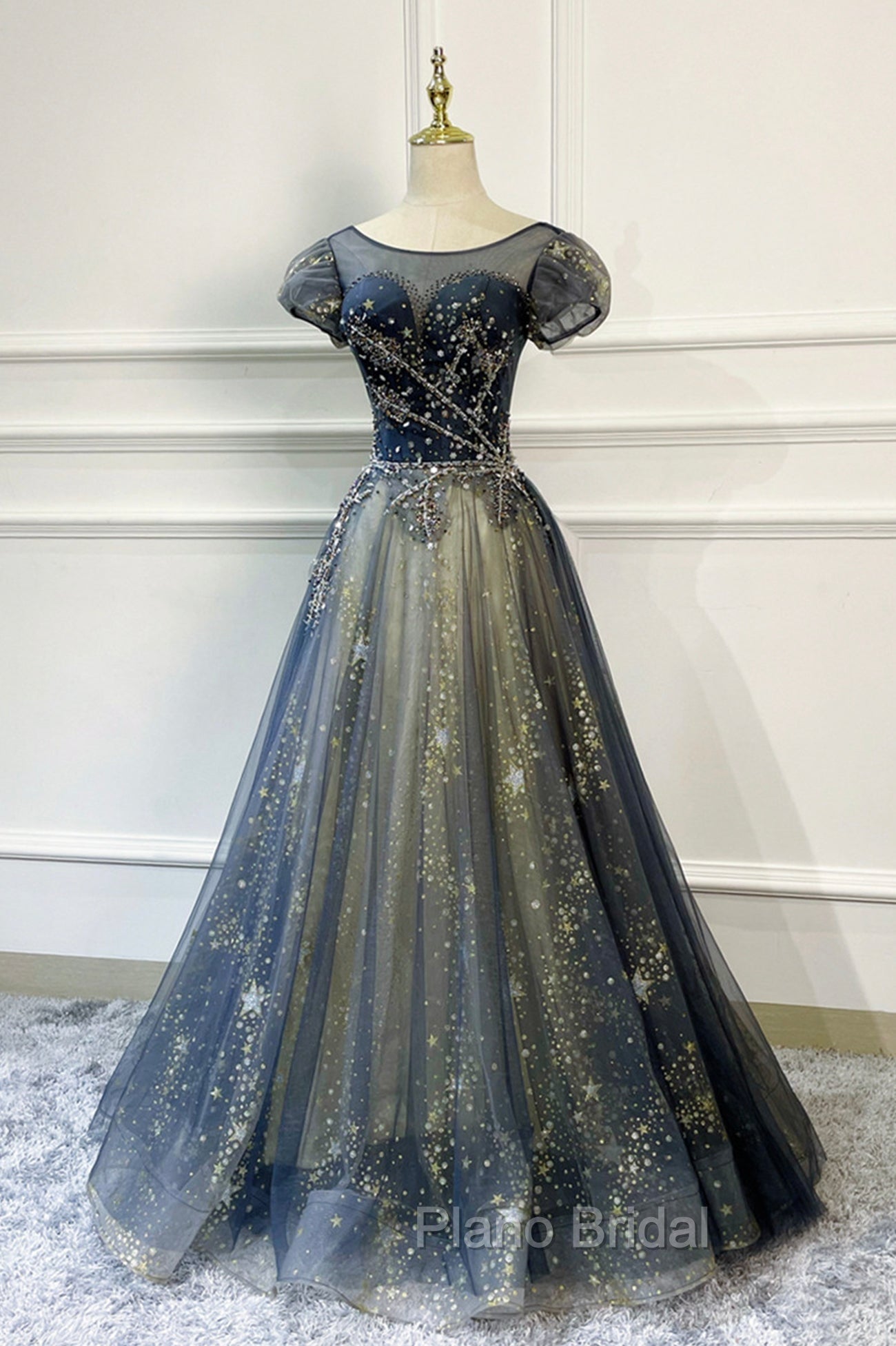 Blue Scoop Neckline Tulle Long Formal Prom Dresses with Beaded, A-Line Evening Party Dresses Main image