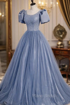 Blue Scoop Tulle Long Formal Prom Dresses, A-Line Short Sleeve Formal Dresses