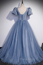 Blue Scoop Tulle Long Formal Prom Dresses, A-Line Short Sleeve Formal Dresses