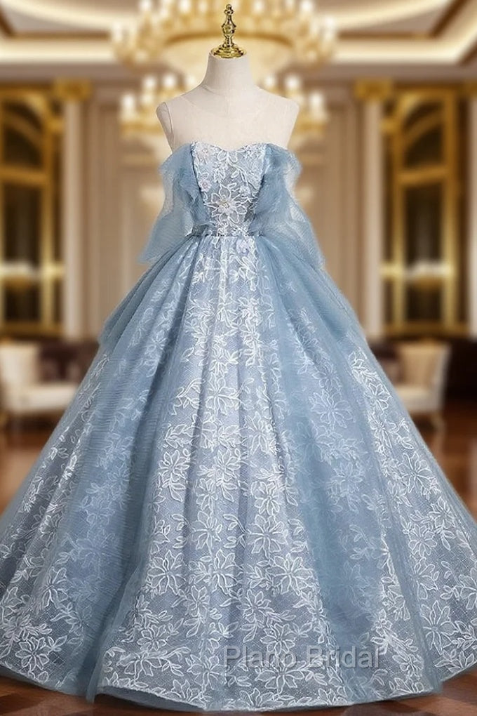 Blue See Through Neck Tulle Lace Quinceanera Dresses